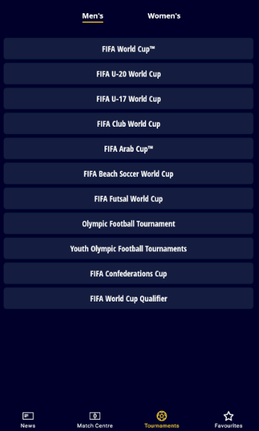 раздел Tournaments в приложении FIFA